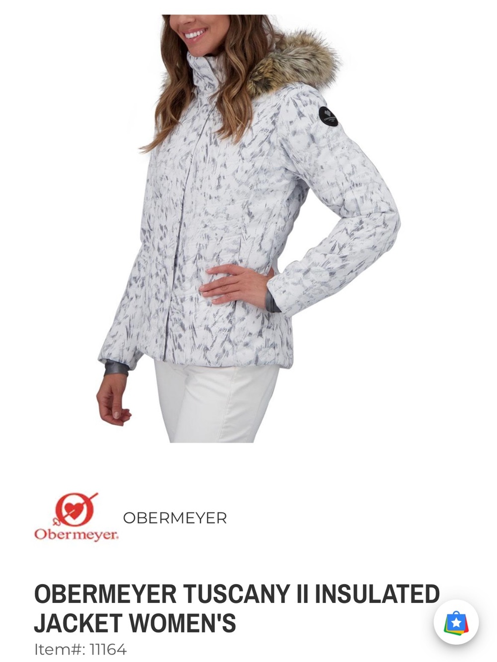 Obermeyer White and Gray Patterned Hooded Ski Jacket with Faux Fur Trim